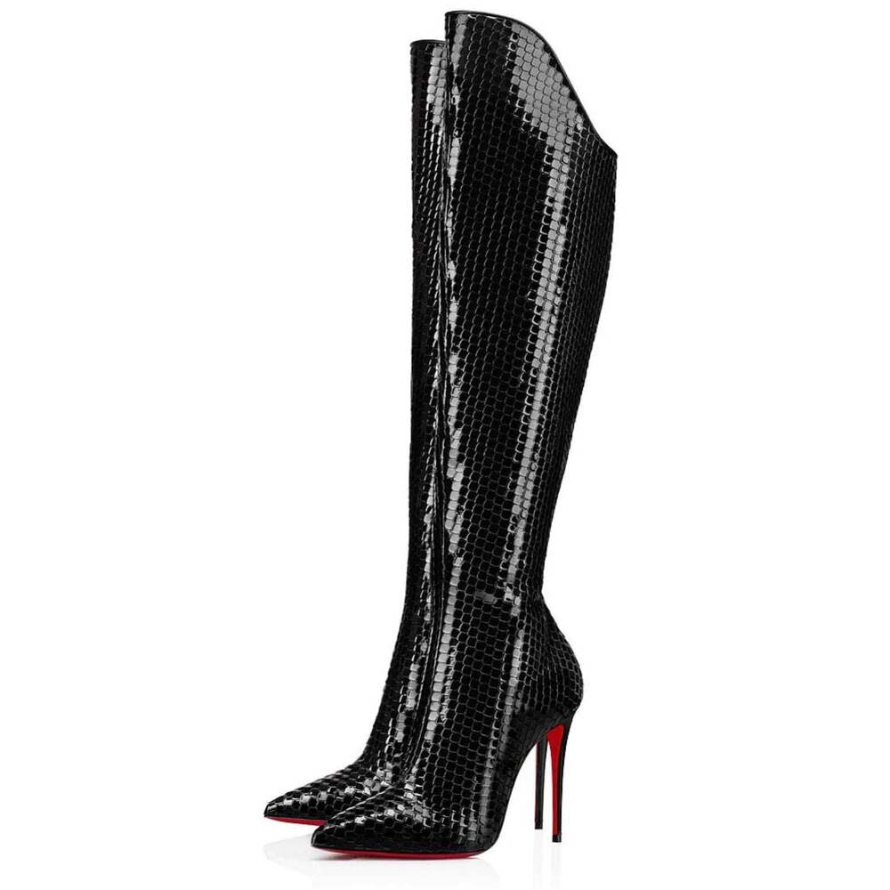 Christian Louboutin Alta Botta 100 Black Patent Bird Knee High OTK Heel Boot 36 - Picture 1 of 11